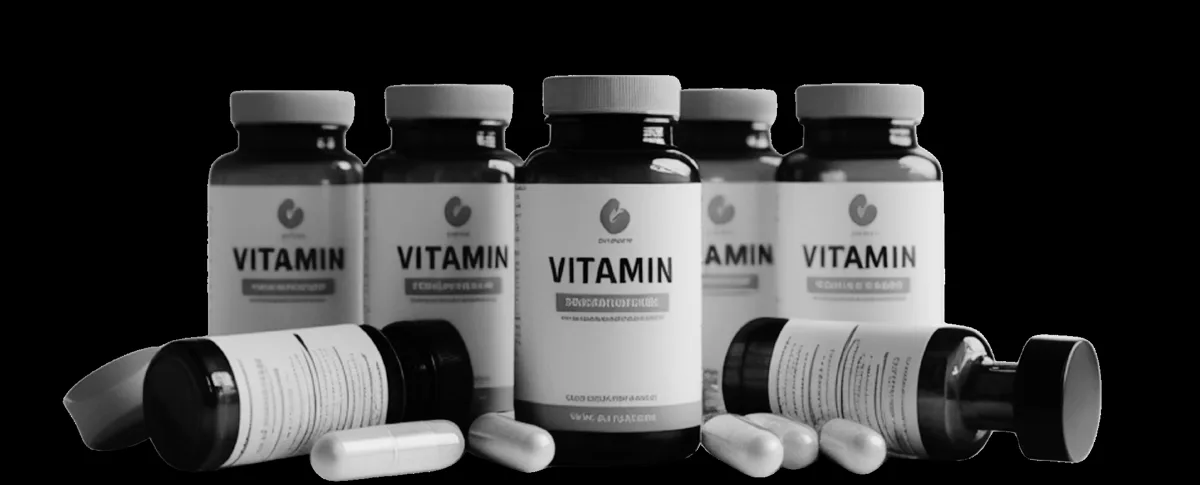 A row of separate supplement bottles