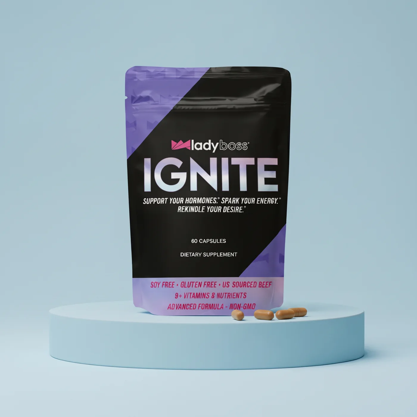 IGNITE pouch on a pedestal with capsules